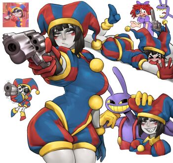 1boy 2girls alternate_breast_size_(larger) asymmetrical_gloves colored_teeth derivative_work gloves gun handgun hannesfkr hat hat_bell highres holding holding_gun holding_weapon implied_tripped jax_(the_amazing_digital_circus) jester jester_cap jester_costume mismatched_gloves multicolored_eyes multicolored_hat multiple_girls multiple_views pomni_(the_amazing_digital_circus) ragatha_(the_amazing_digital_circus) revolver screenshot_inset screenshot_redraw sharp_teeth solo_focus striped_clothes striped_headwear teeth the_amazing_digital_circus two-tone_eyes vertical-striped_clothes vertical-striped_headwear weapon white_background yellow_teeth