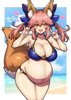 1girl absurdres animal_ears artist_name bare_shoulders beach bikini blue_bikini blue_ribbon blue_sky blush breasts brown_tail cleavage cloud cloudy_sky collarbone commentary commission day double_fox_shadow_puppet english_commentary fang fate/extra fate_(series) fingernails fox_ears fox_girl fox_shadow_puppet fox_tail hair_between_eyes hair_ribbon heart highres ko-fi_commission large_breasts long_hair looking_at_viewer navel o-ring o-ring_bikini ocean open_mouth outdoors pink_hair pregnant ribbon rotomdocs sand sky smile solo stomach swimsuit tail tamamo_no_mae_(fate) thighs twintails yellow_eyes