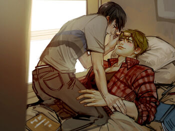 2boys black_hair black_pants blush brown_hair closed_mouth commentary_request free! grey_shirt indoors lips looking_at_another male_focus male_underwear male_underwear_peek mistermagnolia multiple_boys nanase_haruka_(free!) on_bed pants pillow plaid_clothes plaid_shirt shirt short_hair smile tachibana_makoto underwear window yaoi