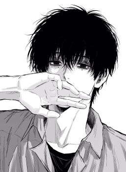 1boy collared_shirt greyscale hair_between_eyes highres looking_at_viewer male_focus mole mole_under_eye monochrome multiple_moles palms sakamoto_days seba_natsuki shirt short_hair simple_background solo sso_s upper_body white_background