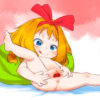 1girl :q anus barefoot blue_eyes censored commentary_request completely_nude flat_chest foot_out_of_frame gradient_background gundam hairband highres kikka_kitamoto loli lying medium_hair mobile_suit_gundam mosaic_censoring nipples nude on_back orange_hair pillow red_background red_hairband soles solo spread_pussy spreading_own_pussy teruki_kuma toes tongue tongue_out