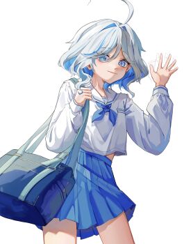 Rule 34 | 1girl, absurdres, ahoge, bag, blue eyes, blue hair, blue skirt, blver, colored inner hair, drop-shaped pupils, furina (genshin impact), genshin impact, grey hair, heterochromia, highres, holding, holding bag, long sleeves, looking at viewer, medium hair, midriff peek, mismatched pupils, multicolored hair, sailor collar, school uniform, serafuku, shirt, shoulder bag, skirt, smile, solo, streaked hair, symbol-shaped pupils, waving, white background, white shirt