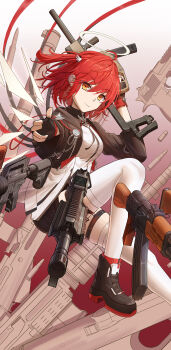 1girl absurdres ahoge ak-47 arknights arm_up assault_rifle black_boots black_gloves black_jacket boots breasts bullet chinese_commentary closed_mouth commentary_request cropped_jacket cross cross_earrings detached_wings earrings exusiai_(arknights) exusiai_the_new_covenant_(arknights) finger_gun fingerless_gloves floating foot_out_of_frame from_side gloves gun hair_between_eyes halo handgun highres holding holding_gun holding_weapon jacket jewelry kalashnikov_rifle kriss_vector leg_up legs_apart light_smile long_sleeves looking_at_viewer medium_breasts one_side_up outstretched_arm railgun red_hair rifle ruqbimo1 shirt short_hair solo submachine_gun thigh_strap thighhighs turning_head weapon white_shirt white_thighhighs wings yellow_eyes