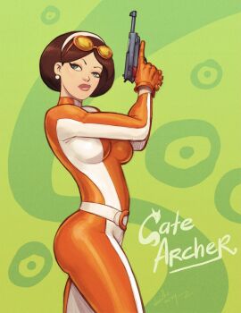 1girl bodysuit breasts brown_hair cate_archer character_name devilhs earrings eyewear_on_head gloves green_background green_eyes gun hairband highres holding holding_gun holding_weapon jewelry looking_at_viewer medium_breasts multicolored_bodysuit no_one_lives_forever orange-framed_eyewear orange_bodysuit orange_gloves short_hair solo tinted_eyewear two-tone_bodysuit weapon white_bodysuit white_hairband yellow-tinted_eyewear
