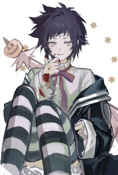1girl absurdres asymmetrical_hair black_coat black_hair black_nails black_order_uniform black_thighhighs blood blood_on_clothes blood_on_face blood_on_hands coat coat_partially_removed creature d.gray-man dress_shirt facial_mark forehead_mark highres legs lero light_smile looking_at_viewer messy_hair noah_(d.gray-man) open_clothes open_coat pink_ribbon pink_umbrella pumpkin ribbon road_kamelot shachi_ark shirt short_hair sidelocks simple_background sitting six_pointed_star solo spiked_hair star_(symbol) striped_clothes striped_coat striped_thighhighs thighhighs thighs tongue tongue_out two-tone_thighhighs umbrella vertical-striped_coat white_background white_shirt white_thighhighs wide_sleeves yellow_eyes
