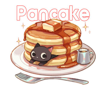 butter cat commentary_request food food_focus food_name fork in_food no_humans original pancake plate simple_background sparkle suzaku_(zaku6584) syrup white_background