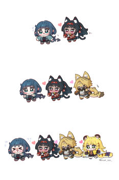>_< 4girls animal_ear_fluff animal_ears black_mask blue_shorts blush bow cat_ears cat_girl cat_tail chibi chibi_only closed_eyes colored_inner_hair commentary facial_mark forehead_mark furry furry_female garter_straps highres hue_oo jacket jane_doe_(zenless_zone_zero) ju_fufu mask mouse_ears mouse_girl mouse_tail mouth_mask multicolored_hair multiple_girls multiple_tails nekomiya_mana open_mouth pantyhose pulchra_fellini sharp_tail shorts simple_background single_garter_strap single_leg_pantyhose striped_hair symbol-only_commentary tail tail_bow tail_ornament thigh_strap thighhighs tiger_ears tiger_girl tiger_stripes tiger_tail torn_clothes torn_pantyhose torn_thighhighs triangle two_tails white_background yellow_jacket zenless_zone_zero