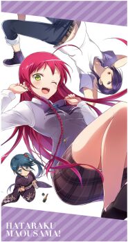 Rule 34 | 029, 2girls, :d, ahoge, arms behind head, black pants, black shoes, blue eyes, blue hair, blush, bow, braid, breasts, clenched hands, closed mouth, collarbone, copyright name, green eyes, hair over one eye, hataraku maou-sama!, japanese clothes, kamazuki suzuno, kimono, long hair, long sleeves, looking at viewer, medium breasts, miniskirt, multiple girls, obi, office lady, official art, one eye closed, open mouth, pants, pencil skirt, plaid clothes, plaid skirt, purple eyes, purple hair, purple shoes, red hair, sash, shirt, shoes, side braid, side ponytail, skirt, small breasts, smile, t-shirt, teeth, thighs, third-party source, upper teeth only, urushihara hanzou, white shirt, wide sleeves, yusa emi