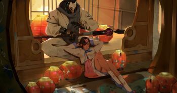 1boy 1girl ankle_socks architecture blue_scarf blue_shoes brown_hair chima_(clothes) closed_eyes d.va_(overwatch) daniju east_asian_architecture facial_mark hanbok highres holding holding_staff humanoid_robot jeogori_(clothes) knees_up korean_clothes lantern open_mouth overwatch paper_lantern pink_skirt ramattra_(overwatch) robe robot scarf shoes skirt socks staff talking whisker_markings white_jeogori white_robe white_socks