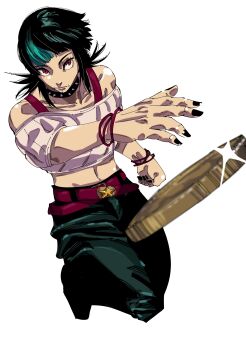 Rule 34 | 1other, absurdres, akutami gege (style), bare shoulders, belt, black hair, black pants, bracelet, choker, clenched hand, closed mouth, coin, crop top, face piercing, floating, green hair, highres, hoshi kirara, jewelry, jujutsu kaisen, medium hair, multicolored hair, multiple belts, nail polish, navel, outstretched arm, pants, piercing, red belt, red eyes, short sleeves, simple background, solo, spiked choker, spikes, star-shaped pupils, star (symbol), symbol-shaped pupils, two-tone hair, vroom622226, white background