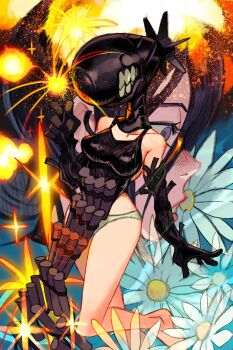 1girl alex_ahad ashes bare_shoulders bomb bomb_devil_(chainsaw_man) breasts chainsaw_man detached_sleeves dynamite explosion explosive fire fireworks flower large_breasts nuclear_weapon purple_eyes purple_hair reze_(chainsaw_man) teeth