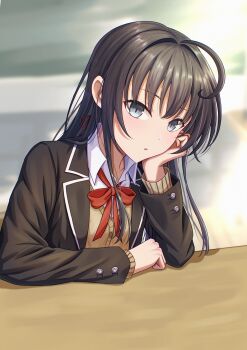 1girl absurdres ahoge black_hair black_jacket blue_eyes blurry blurry_background commentary_request desk elbow_rest hair_ribbon highres jacket long_hair looking_at_viewer neck_ribbon parted_lips red_ribbon ribbon school_desk school_uniform serafuku sobu_high_school_uniform solo taqielang tress_ribbon upper_body very_long_hair yahari_ore_no_seishun_lovecome_wa_machigatteiru. yukinoshita_yukino