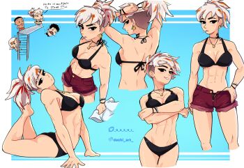 Rule 34 | 2boys, 2girls, abs, bikini, black bikini, black hair, black male swimwear, bracelet, breasts, chibi, chibi inset, climbing ladder, commentary, dark-skinned male, dark skin, dashi (dashiart), diving board, earrings, english commentary, english text, eyelashes, hair tie, highres, holding, holding hair tie, instagram username, jewelry, liz (dashi), looking back, male swimwear, medium hair, mole, mole under eye, multicolored hair, multiple boys, multiple girls, multiple views, navel, neck tattoo, nina (dashi), orange hair, orange male swimwear, original, ponytail, red shorts, short hair, shorts, smile, stomach, streaked hair, stretching, swim trunks, swimsuit, tattoo, teeth, toned, toned female, twitter username, undercut, white hair