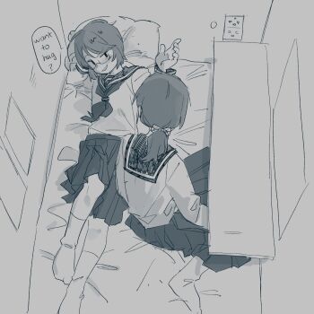 2girls blush electrical_outlet english_text ezier glasses greyscale highres monochrome multiple_girls neckerchief on_bed open_mouth original pleated_skirt ponytail sailor_collar shirt short_hair skirt smile socks speech_bubble