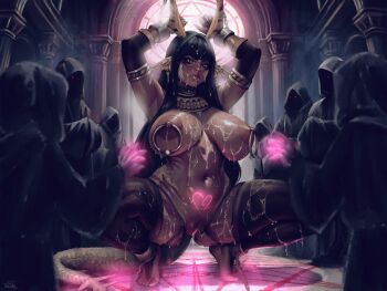 Rule 34 | 1girl, armpits, arms up, au ra, barefoot, black hair, black robe, black thighhighs, breasts, closed mouth, commission, crowd, cuffs, cum, cum in pussy, cum on body, cum on breasts, cum on upper body, dark-skinned female, dark skin, dragon tail, expressionless, eyebrows hidden by hair, facial, final fantasy, final fantasy xiv, full body, head wings, highres, huge breasts, large areolae, lipstick, long hair, looking at viewer, magic circle, makeup, minette (minettexiv), navel, nipple piercing, nipple rings, nipples, original, piercing, pubic tattoo, pussy, ring piercing, robe, scales, shackles, shaded face, solo, solo focus, squatting, stomach, tail, tattoo, thighhighs, treacles, warrior of light (ff14), wings