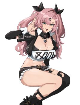 1girl absurdres black_boots black_ribbon black_shorts boots breasts capkal clothing_cutout commentary_request crop_top cutoffs detached_sleeves earrings green_eyes hair_between_eyes hair_ornament hairclip heart heart_earrings heart_necklace highres jewelry large_breasts long_hair looking_at_viewer micro_shorts midriff mole mole_on_breast mole_under_eye navel necklace nicole_demara open_mouth pink_hair ribbon shorts shoulder_cutout simple_background single_thighhigh solo squatting stomach strapless teeth thighhighs torn_clothes torn_thighhighs triangle_mouth tube_top twintails two_side_up upper_teeth_only w white_background white_tube_top zenless_zone_zero