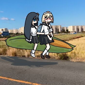 &gt;_&lt; 2girls blue_bag blue_eyes blue_sailor_collar blue_skirt blush corn egg_(food) food food_on_head fried_egg glasses long_hair multiple_girls mushroom mushroom_on_head no_nose object_on_head passionnelles photo_background pleated_skirt red-framed_eyewear riding sailor_collar school_uniform serafuku shimeji_simulation shirt shoes short_hair short_sleeves skirt smile socks tsukishima_shijima white_bag white_shirt white_socks yamashita_majime