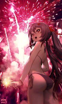 1girl :o absurdres aerial_fireworks ass back bare_arms bikini black_nails breasts brown_hair commentary cowboy_shot dated fireworks flower-shaped_pupils from_behind genshin_impact hair_between_eyes halterneck highres holding holding_fireworks holding_sparkler hu_tao_(genshin_impact) long_hair looking_away looking_back nail_polish open_mouth outdoors purple_bikini red_eyes side-tie_bikini_bottom signature small_breasts solo sparkler standing starsd string_bikini swimsuit symbol-shaped_pupils twintails very_long_hair wristband