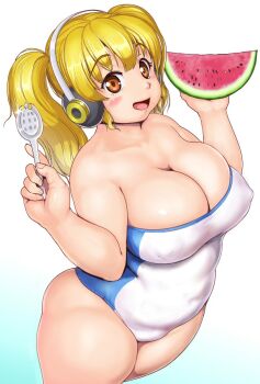 1girl aqua_background bare_shoulders blonde_hair blue_one-piece_swimsuit blush breasts cleavage commentary_request covered_erect_nipples covered_navel cowboy_shot fat food fruit gradient_background hair_between_eyes headphones highres holding holding_spoon huge_breasts long_hair looking_at_viewer nitroplus one-piece_swimsuit open_mouth orange_eyes orizen redrawn smile solo spoon strapless strapless_one-piece_swimsuit super_pochaco swimsuit tareme thick_arms thick_thighs thighs twintails watermelon white_background white_one-piece_swimsuit