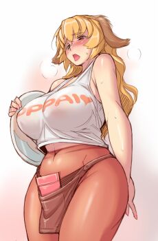 Rule 34 | 1girl, animal ears, apron, blonde hair, blush, breasts, brown eyes, clothes writing, daiginjou, dog ears, female focus, futaba channel, hooters, large breasts, long hair, navel, no panties, orange pantyhose, pantyhose, parody, pun, purple eyes, shirt, skindentation, solo, sweat, tank top, tongue, tsuda nanafushi, waist apron, wet, wet clothes, wet shirt