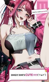 1girl :d adapted_costume arknights arknights:_endfield artist_name bare_shoulders belt belt_buckle blue_eyes blue_hair blush breasts buckle collarbone copyright_name crop_top cropped_jacket dragon_horns english_text heart horns jacket knee_up large_breasts long_hair long_sleeves looking_at_viewer micro_shorts multicolored_hair nail_polish navel ohkurrva open_clothes open_jacket open_mouth piercing pink_hair pink_jacket pink_nails pointy_ears shorts sitting smile solo spaghetti_strap sparkle speech_bubble streaked_hair teeth tongue tongue_piercing twintails two-tone_hair unzipped upper_teeth_only white_shorts yvonne_(arknights)