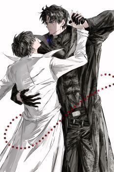 2boys 8d2suga9 abs black_coat black_gloves black_hair black_shirt coat cowboy_shot dancing gloves hand_on_another&#039;s_back highres holding_hands kim_dokja multiple_boys omniscient_reader&#039;s_viewpoint open_clothes open_coat popped_collar secretive_plotter shirt short_hair smile star_(symbol) toned toned_male white_coat yaoi yoo_joonghyuk