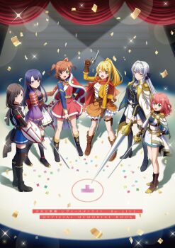 absurdres aiguillette aijou_karen aqua_eyes belt black_gloves black_hair black_jacket black_ribbon black_thighhighs blonde_hair blue_hair blue_jacket blue_skirt blunt_bangs boots brown_eyes brown_gloves brown_hair cape capelet confetti cover cover_page crown crown_hair_ornament dual_wielding epaulettes fingerless_gloves fur-trimmed_jacket fur_trim gear_hair_ornament gloves gold_buckle green_eyes grey_hair gun hair_intakes hair_over_shoulder hair_ribbon hand_up handgun highres holding holding_sword holding_weapon jacket jacket_on_shoulders japanese_clothes kimono knee_boots lance long_hair long_sleeves looking_at_viewer medium_hair mini_crown miniskirt multiple_girls official_art one_eye_closed ootsuki_aruru open_mouth pink_hair polearm ponytail purple_eyes purple_kimono rapier red_cape red_ribbon revolver ribbon sash shield shirt shoujo_kageki_revue_starlight shoujo_kageki_revue_starlight_-re_live- shoulder_sash sidelocks skirt stage stage_lights swept_bangs sword takachiho_stella thigh_boots thigh_strap thighhighs tomoe_tamao two_side_up waist_cape weapon white_jacket white_shirt white_skirt wide_sleeves yanagi_koharu yellow_belt yellow_eyes yukishiro_akira