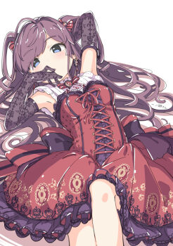 Rule 34 | 1girl, ahoge, arm behind head, arm up, black gloves, blue eyes, bow, bowtie, breasts, brooch, commentary request, dress, elbow gloves, gloves, hair bow, hair spread out, hand to own mouth, ichinose shiki, idolmaster, idolmaster cinderella girls, jewelry, kuresuku (lessons), lace, lace gloves, long hair, looking at viewer, lying, on back, parted lips, purple hair, red bow, red bowtie, red dress, sleeveless, sleeveless dress, solo, two side up, very long hair, white background