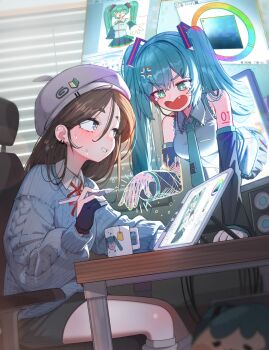 2girls absurdres aqua_eyes aqua_hair artist_self-insert breasts brown_hair cup drawing_tablet fang grey_shirt hatsune_miku highres mug multiple_girls open_mouth shin_dohan shirt sitting sleeveless sleeveless_shirt sweatdrop tearing_up teeth twintails vocaloid white_hair