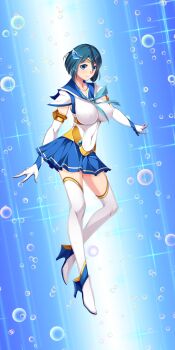 1girl alternate_costume blue_eyes blue_hair blue_sailor_collar blue_skirt boots breasts bubble chest_jewel covered_erect_nipples covered_navel elbow_gloves full_body game_cg gloves hair_ornament high_heels highres impossible_clothes impossible_shirt jewelry large_breasts looking_at_viewer magical_girl mizushima_aoi nana_g non-web_source official_art pleated_skirt sailor_aqua_(sailor_element) sailor_collar sailor_element sailor_senshi_uniform shirt short_hair skirt smile solo thigh_boots thighhighs tiara underwater variant_set white_gloves white_thighhighs zettai_ryouiki
