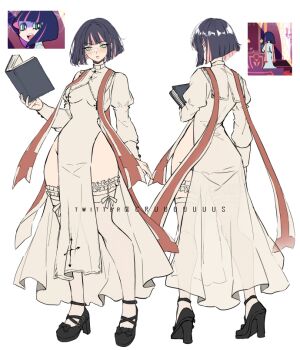 1girl alternate_hairstyle ass black_shoes blue_eyes blunt_bangs bob_cut capelet cassock colored_inner_hair criis-chan full_body high_heels looking_at_viewer looking_back multicolored_hair open_mouth panty_&amp;_stocking_with_garterbelt pelvic_curtain priestess reference_inset shoes short_hair solo standing stocking_(psg) stole thighhighs two-tone_hair white_background white_thighhighs