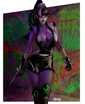 1girl batman_(series) black_dress black_gloves black_hair breasts curvy dc_comics dress ear_piercing evil_smile gloves graffiti grin hair_ornament highres holding holding_knife knife large_breasts multicolored_hair olegggrigorjev piercing punchline_(dc) smile solo torn_clothes two-tone_hair