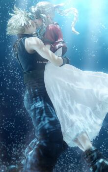 1boy 1girl 3d absurdres aerith_gainsborough belt blonde_hair boots bow bracelet braid brown_hair bubble cloud_strife dress final_fantasy final_fantasy_vii final_fantasy_vii_remake hetero highres jacket jewelry kiss pink_dress red_jacket ria-neearts ribbon spiked_hair square_enix suspenders underwater wavy_hair