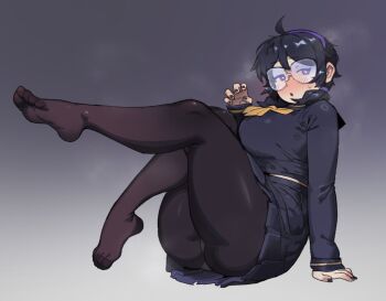 1girl black_hair blush difman feet glasses hairband highres looking_at_viewer luna_(difman) original panties pantyhose pantyshot parted_lips purple_eyes short_hair soles toes underwear