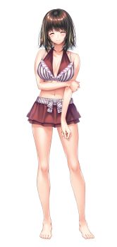 1girl amakano_2 arm_under_breasts bare_arms bare_legs bare_shoulders barefoot bikini bikini_skirt blush breasts brown_bikini brown_hair closed_eyes closed_mouth collarbone facing_viewer full_body hand_on_own_arm kurohime_yuuhi large_breasts large_variant_set legs long_hair medium_hair midriff navel official_art piromizu red_eyes simple_background smile solo standing swimsuit tachi-e variant_set very_long_hair white_background