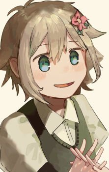 1boy antenna_hair basil_(faraway)_(omori) basil_(omori) blonde_hair blue_eyes blush chyan_pon collared_shirt commentary_request double-parted_bangs flower green_sweater_vest grey_background hair_between_eyes hair_flower hair_ornament highres interlocked_fingers looking_ahead male_focus omori open_mouth shirt short_hair sidelocks simple_background smile solo sweater_vest upper_body white_shirt