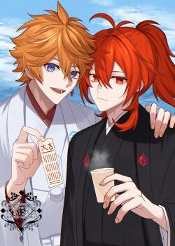 2boys black_kimono blue_eyes closed_mouth commentary_request cup diluc_(genshin_impact) disposable_cup earrings genshin_impact highres hiki_yuichi holding holding_cup holding_paper japanese_clothes jewelry kimono long_hair long_sleeves looking_at_viewer male_focus multiple_boys open_mouth orange_hair paper red_eyes red_hair short_hair single_earring tartaglia_(genshin_impact) white_kimono