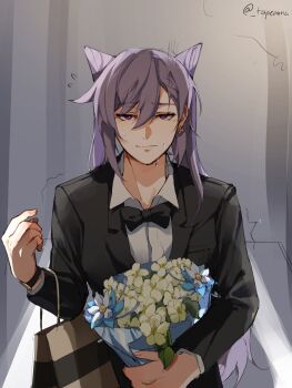 Rule 34 | 1girl, alternate costume, bag, black bow, black bowtie, black jacket, bouquet, bow, bowtie, commentary, cone hair bun, doorway, flower, formal clothes, genshin impact, hair bun, highres, holding, holding bouquet, jacket, keqing (genshin impact), long hair, long sleeves, looking at viewer, pov doorway, purple eyes, purple hair, shirt, shopping bag, smile, solo, suit, sweat, tapeanna, twintails, upper body, very long hair, white flower, white shirt, yuri