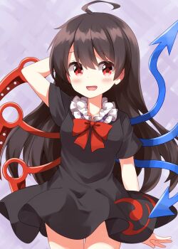 1girl :d ahoge alternate_hair_length alternate_hairstyle arm_behind_back asymmetrical_wings black_dress black_hair blue_wings blush bow bowtie commentary_request cowboy_shot dress frills highres houjuu_nue long_hair looking_at_viewer open_mouth purple_background red_bow red_bowtie red_eyes red_wings ruu_(tksymkw) short_dress short_sleeves smile solo touhou wings