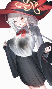 1girl black_hat black_jacket black_skirt blue_archive braid breasts collared_shirt commentary dress_shirt eri_(blue_archive) hat high-waist_skirt highres jacket large_breasts long_hair long_sleeves looking_at_viewer miruto_netsuki off_shoulder open_mouth pleated_skirt red_eyes see-through_clothes see-through_shirt shirt shirt_tucked_in simple_background skirt solo sweat symbol-only_commentary wet wet_clothes wet_shirt white_background white_hair white_shirt witch_hat