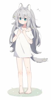 Rule 34 | 1girl, animal ear fluff, animal ears, barefoot, blue eyes, blush, closed mouth, commentary request, dirty, dirty clothes, flying sweatdrops, full body, hair between eyes, hands up, highres, long hair, off shoulder, original, riya (01214), shirt, short sleeves, simple background, solo, standing, tail, very long hair, white background, white shirt