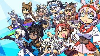 Rule 34 | 6+girls, ^ ^, animal ears, apron, arm up, arms at sides, arms up, art brush, bare arms, bare shoulders, black gloves, black hair, black pants, black sports bra, blonde hair, blue eyes, blue hair, bow, braid, bridle, brown eyes, brown hair, brown shirt, brown skirt, brown thoroughbred (kemono friends), chestnut thoroughbred (kemono friends), chibi, chibi only, closed eyes, closed mouth, commentary request, corset, dark-skinned female, dark skin, double-parted bangs, elbow gloves, empty eyes, extra ears, fingerless gloves, frilled skirt, frills, gloves, gray thoroughbred (kemono friends), grey eyes, grey hair, gyokuryu (kemono friends), hair between eyes, hair bow, hair over one eye, highres, holding, holding paintbrush, horizontal pupils, horse ears, horse girl, horse tail, hyracotherium (kemono friends), japan racing association, japari symbol, jumping, kemono friends, kemono friends 3, long hair, long sleeves, looking ahead, looking at viewer, medium hair, miniskirt, multicolored hair, multiple braids, multiple girls, navel, neck ribbon, open mouth, outstretched arm, outstretched arms, paintbrush, palomino quarter horse (kemono friends), pants, pink bow, pink hair, pink skirt, przewalski's horse (kemono friends), purple eyes, ribbon, running, shinme (kemono friends), shirt, skirt, sleeveless, smile, sports bra, sportswear, spotted hair, spread arms, srd (srdsrd01), standing, suspender skirt, suspenders, tail, tarpan (kemono friends), two-tone hair, v-shaped eyebrows, very dark skin, very long hair, white apron, white gloves, white hair, white pants, white shirt, white skirt, white sports bra, white thoroughbred (kemono friends), wide sleeves, yoga pants