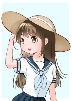 Rule 34 | 1girl, brown eyes, brown hair, commentary request, hand on headwear, hat, long hair, looking to the side, neckerchief, open mouth, original, school uniform, serafuku, short sleeves, smile, solo, sun hat, yamanaka kouji (yanchiki2001)