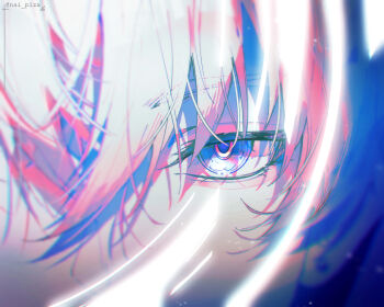 1boy blue_eyes chromatic_aberration commentary_request eye_focus grey_hair looking_at_viewer male_focus nai_pizx solo split_crop straight-on twitter_username wuthering_waves xiangli_yao_(wuthering_waves)
