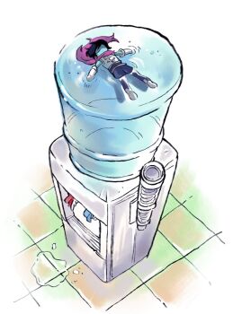 1other angwest0 armor black_hair blue_skin cape colored_skin commentary cup deltarune english_commentary highres kris_(dark_world)_(deltarune) kris_(deltarune) lying mini_person on_back pink_cape short_hair utdr_(toby_fox) water water_cooler water_cooler_(deltarune)