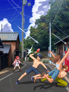 Rule 34 | 1girl, 3boys, :d, :o, a-pose, abs, bare arms, black boots, black hair, black shoes, blue sky, boots, brown eyes, brown hair, brown sandals, cloud, collarbone, commentary request, cumulonimbus cloud, dark-skinned male, dark skin, day, gomasho asuka, hair between eyes, highres, holding table tennis paddle, japanese clothes, kamiyama shiki, kanou tenzen, kimono, long hair, long sleeves, looking at another, low ponytail, male focus, male swimwear, miniskirt, mitani ryouichi, multiple boys, open clothes, open kimono, open mouth, outdoors, paddle, photo background, pink kimono, ponytail, red hair, road, sandals, school uniform, shirt, shoes, short hair, skirt, sky, smile, smug, standing, summer pockets, summer pockets school uniform, sunlight, sweatdrop, swim trunks, table tennis paddle, takahara hairi, tan, topless male, v-shaped eyebrows, water, white shirt, white skirt, wide shot, wide sleeves, | |