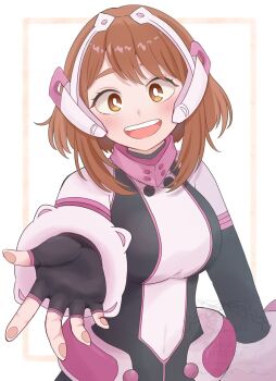 1girl aged_up artist_request belt black_bodysuit bodysuit boku_no_hero_academia breasts brown_eyes brown_hair female_focus highres large_breasts looking_at_viewer matching_hair/eyes multicolored_bodysuit open_mouth outstretched_hand pink_bodysuit sidelocks smile solo superhero_costume teeth tongue upper_teeth_only uraraka_ochako uraraka_ochako_(hero_outfit) white_bodysuit