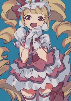 1girl aisaki_emiru blonde_hair blue_background blue_hat bow bowtie brooch cowboy_shot cure_macherie diamond_(gemstone) dress drill_hair earrings frilled_dress frilled_headwear frilled_sleeves frills fur_hat gloves hat hat_bow highres hugtto!_precure interlocked_fingers jewelry lace lace-trimmed_thighhighs lace_trim large_earrings light_blush long_hair magical_girl makeup mascara mini_hat open_mouth own_hands_together pink_dress pom_pom_(clothes) pom_pom_earrings precure puffy_short_sleeves puffy_sleeves red_bow red_bowtie red_eyes shipu_(gassyumaron) short_dress short_sleeves simple_background smile solo standing tareme thighhighs train_(clothing) twin_drills twintails very_long_hair white_gloves white_sleeves white_thighhighs wrist_bow