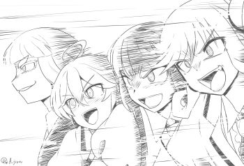 4girls @_@ ahoge blunt_bangs getter_robo getter_robo_(classic) getter_team_pose_(meme) greyscale grin highres isemi_tina kurogane_otoha long_hair marduck meme monochrome multiple_girls open_mouth pose_imitation puffy_sleeves rock_wa_lady_no_tashinami_deshite shiraya_tamaki short_hair smile smug suzunomiya_lilisa teeth twintails twitter_username v-shaped_eyebrows