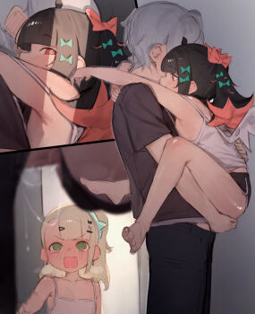 1boy 2girls age_difference black_hair black_shorts blush bow camisole caught cum dolphin_shorts flustered from_side green_bow green_eyes green_hair grey_hair hair_bow highres loli looking_at_another looking_at_viewer multiple_girls multiple_views nangong_yu netorare open_mouth penis pussy_juice red_eyes sex short_hair shorts size_difference sunna_(zenless_zone_zero) suspended_congress theflatfacadeds walk-in white_camisole wise_(zenless_zone_zero) xaea_xp zenless_zone_zero